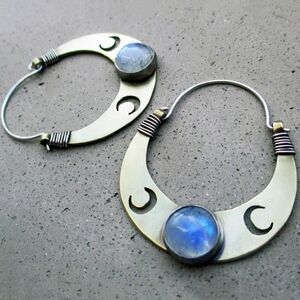 Free People Brass Crescent Hoop Earrings with Blue Moodstone